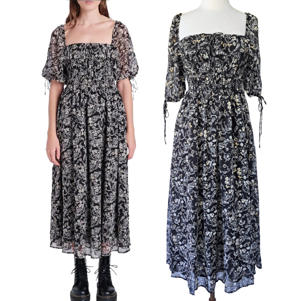 En Saison Maxi Dress Black Boho Floral Paisley Chiffon Smocked